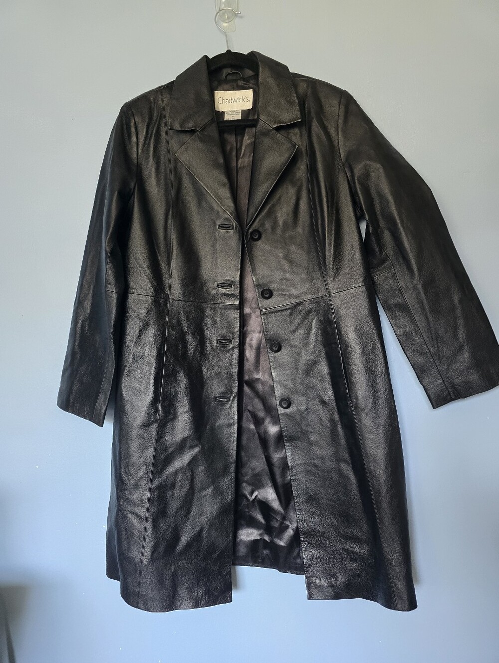 Vntg Chadwicks Women's Black 100% Leather Trench Coat Size M - Picture 2 of 13
